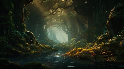 Mysterious forest with a stream flowing through it. Conceptual image - obrazy, fototapety, plakaty