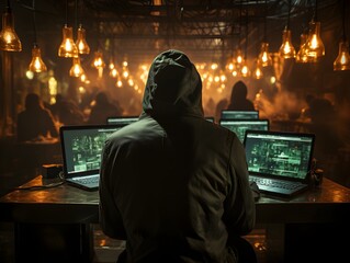 Side perspective of someone clad in a hooded jacket, donning a Guy Fawkes mask, engrossed in using a laptop.