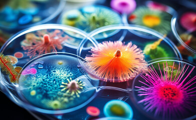 Colorful variety of microorganism inside petri dish plate in laboratory.	