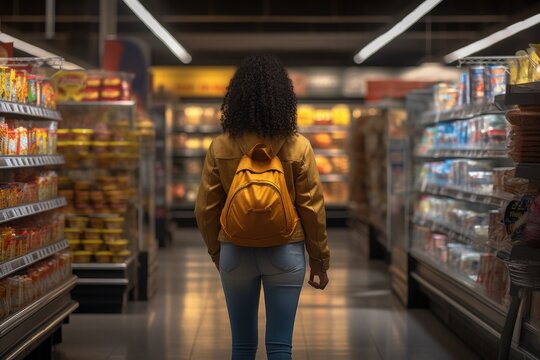image from behind of a young African American woman with yellow backpack shopping in the supermarket and buying groceries and food products in the store