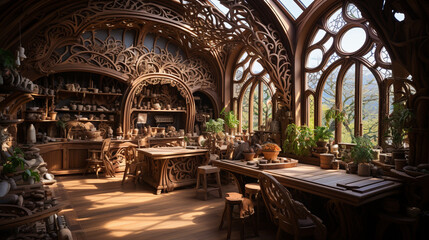 Obraz premium A carpentry workshop adorned with intricate wooden fretwork, creating an atmosphere of artistic inspiration