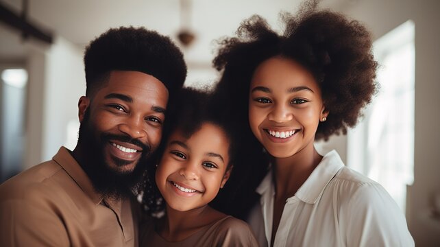 Happy smiling african american family with children posing together at home in living room