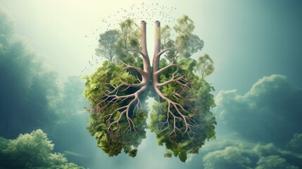 Green lung forest in a shape of lungs. healthy lungs fresh air concept - obrazy, fototapety, plakaty