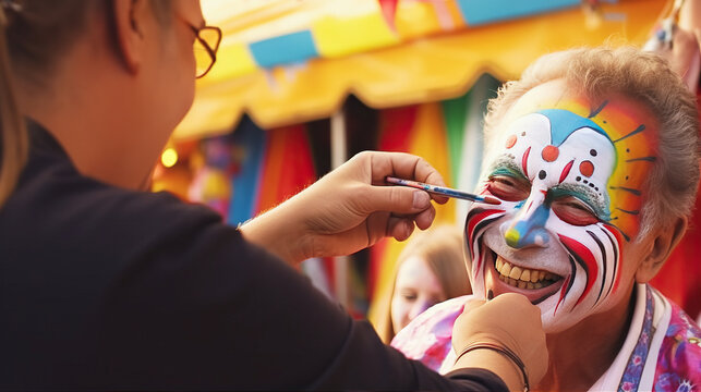 A senior gentleman gets his face painted with vibrant colors