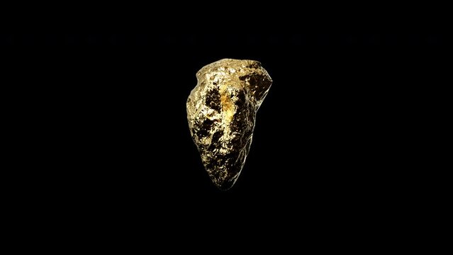 Gold Nugget rotating on transparent background. Realistic animation of a rotating shiny precious gold nugget. Seamless animation.
