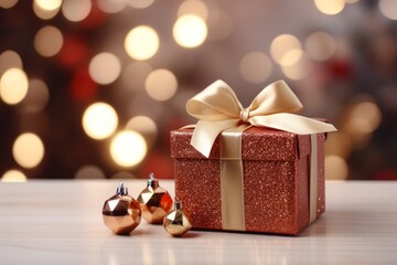 Christmas background with a gift in glittery wrapping paper with pink ribbon and some contemporary ornaments, shimmering lights