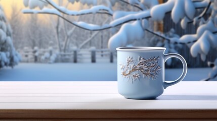 Christmas Mug with hot drink on blurred background with bokeh effect. AI Generated.