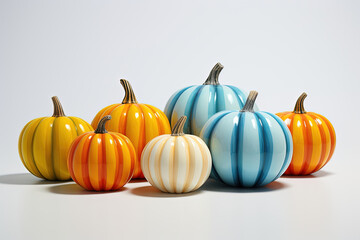 Rainbow Colored striped pumpkins for Halloween or Thanksgiving decoration in a modern and minimalist style on a light background. Copy space for text. Pastel color illustration