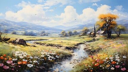Landscape with flowers and mountains in the background. Digital painting.