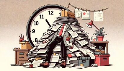 The concept of overemployment. It features a stressed office worker, buried under a massive pile of paperwork. Excessive workload and a large ticking clock in the background adding a sense of urgency.