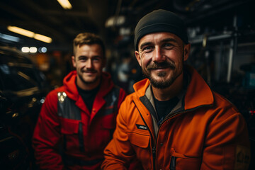 Two adult men, around 30-40 years old, pose in their dim mechanic workshop, looking at the camera with beards."