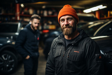 Two adult men, around 30-40 years old, pose in their dim mechanic workshop, looking at the camera with beards."