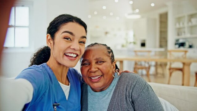 Nurse, selfie or mature happy woman, patient or people post memory photo to social media app in nursing home. Caregiver, portrait photography or funny client with tongue out in lounge profile picture