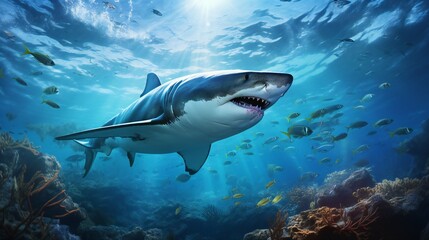 Fototapeta premium Great white shark in the Red Sea. 3d render. Underwater world.