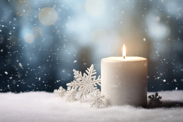 Burning Christmas candle as winter background