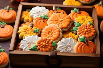 Box of pumpkin and flower sugar cookies on wooden table. Autumn food, cooking, and kawaii food concept for Halloween and Thanksgiving
