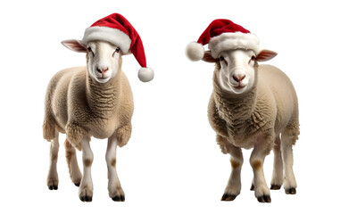 Sheep wearing a christmas hat on transparent background - obrazy, fototapety, plakaty