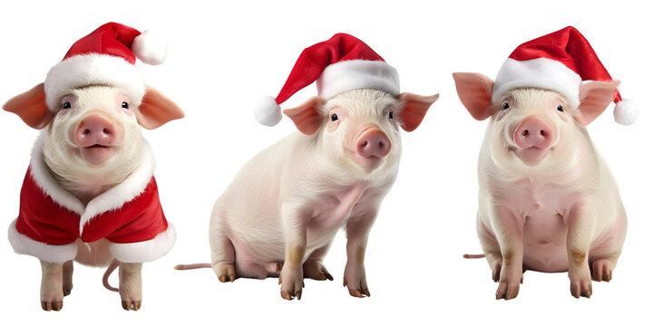 Set of pigs wearing a christmas hat on transparent background