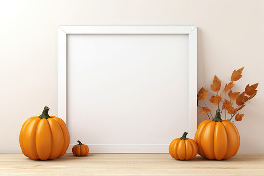 Wooden frame with ripe orange pumpkins and autumn leaves, Scandinavian style interior design Halloween home decoration. Picture frame mockup with copy space.