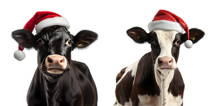 Set of Cows wearing a christmas hat on transparent background