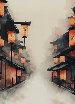 illustrazione con antiche strade solitarie e nebbiose illuminate da lanterne colorate, giappone, cina