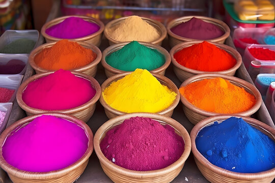 Colorful powder for sale in shop during Holi color festival. Neural network generated photorealistic image. Not based on any actual person or scene.