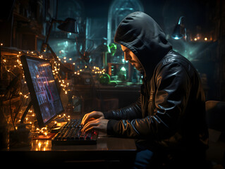 Profile view of an individual in a hooded sweatshirt and Guy Fawkes mask working on a laptop.