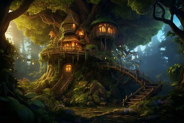 Illustration depicting a magical tree house nestled within a lush forest in a video game scene. Generative AI