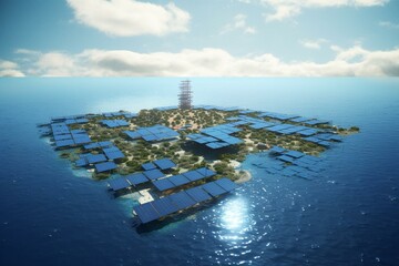 Tiny landmass covered in numerous solar panels on both land and water, representing future energy concept. Generative AI