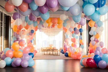 Room decorated with colorful balloons for party.