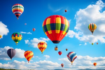 Colorful hot air balloons on blue sky.