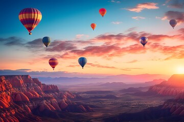 Fototapeta premium Colorful hot air balloons flying over mountain landscape.
