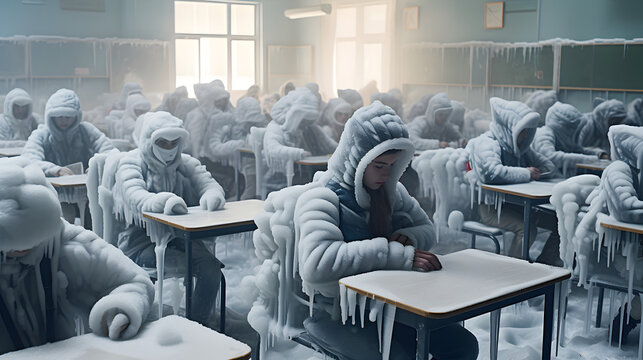 une salle de classe avec du givre partout sur les bureaux et les &eacute;tudiants