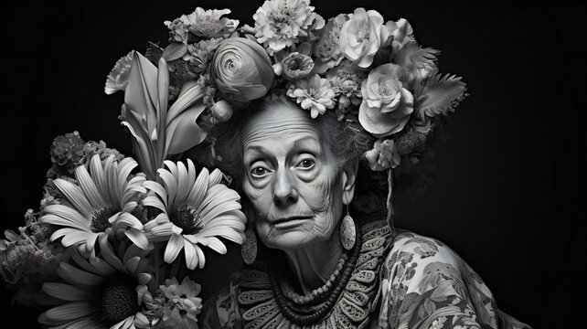 Portrait of an old woman with flowers,  Black and white photo