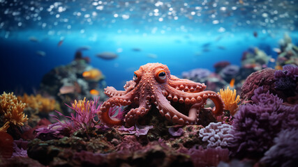 Fototapeta na wymiar Unterwassserwelt im Meer mit großen Octopus Nahaufnahme im Querformat als Banner, ai generativ