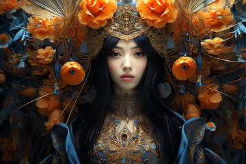 Beautiful asian woman in gothic costume with orange flowers - obrazy, fototapety, plakaty