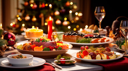 Beautiful Christmas table full of food. Generative AI,