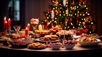 Beautiful Christmas table full of food. Generative AI,