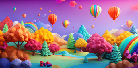Obraz na płótnie Canvas a colorful wallpaper has colorful trees and colorful balloons,mountains and balloons in the sky. 3d paper art, papercut, pine trees, orange, blue, green, illustration, background, landscape, 