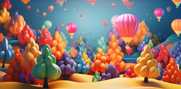 a colorful wallpaper has colorful trees and colorful balloons,mountains and balloons in the sky. 3d paper art, papercut, pine trees, orange, blue, green, illustration, background, landscape, 