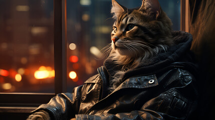 cyberpunk cat in urban city look from side