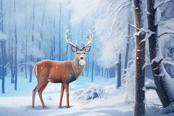 a deer standing in a snowy forest with a light shining,deer standing in a winter