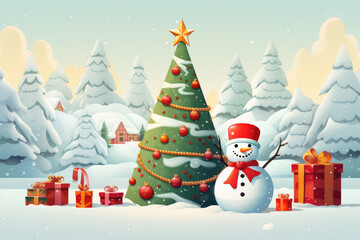 Snowman and Gift Boxes,Christmas landscape,Christmas Tree Design.