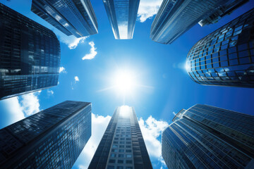 Fototapeta na wymiar a group of tall skyscrapers near a blue sky,Modern Office Building,Corporate Building.