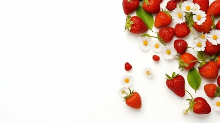 Sweet strawberries scattered on white background, space for text