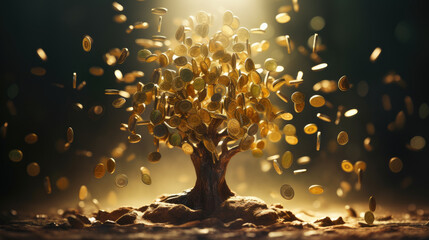 Money tree,a living tree is sprouting from piles of money,American Dollars on a Bonsai Tree. - obrazy, fototapety, plakaty