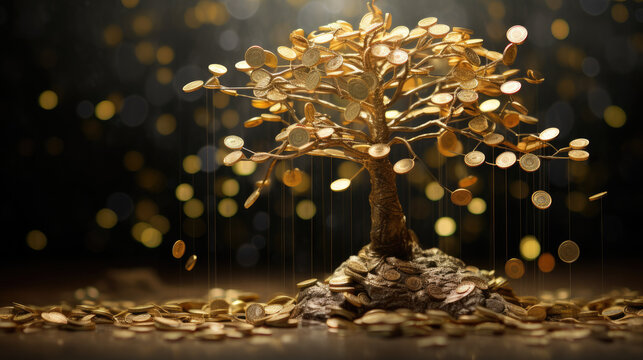 Money tree,a living tree is sprouting from piles of money,American Dollars on a Bonsai Tree.