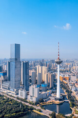 Fototapeta premium Aerial photography of the color TV tower city CBD in Shenyang, Liaoning, China