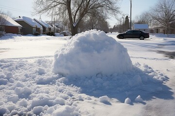 A large sleet snowball covering melting snow with the ground visible signifies the approach of spring. Generative AI
