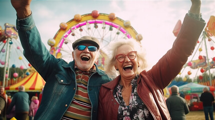 Old people's fun in the amusement park - obrazy, fototapety, plakaty